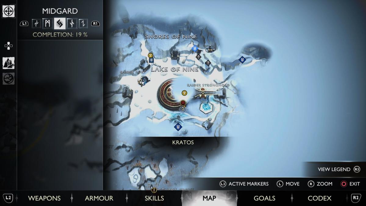 A map view of the raven in the Lake of Nine in God of War Ragnarok.